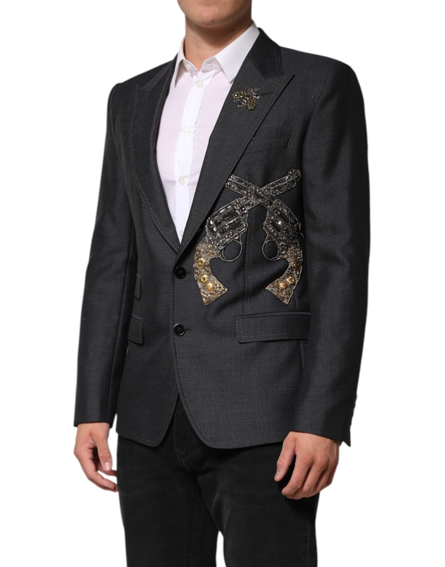 Dunkelgrauer Wollmantel-Blazer mit Bienenstickerei