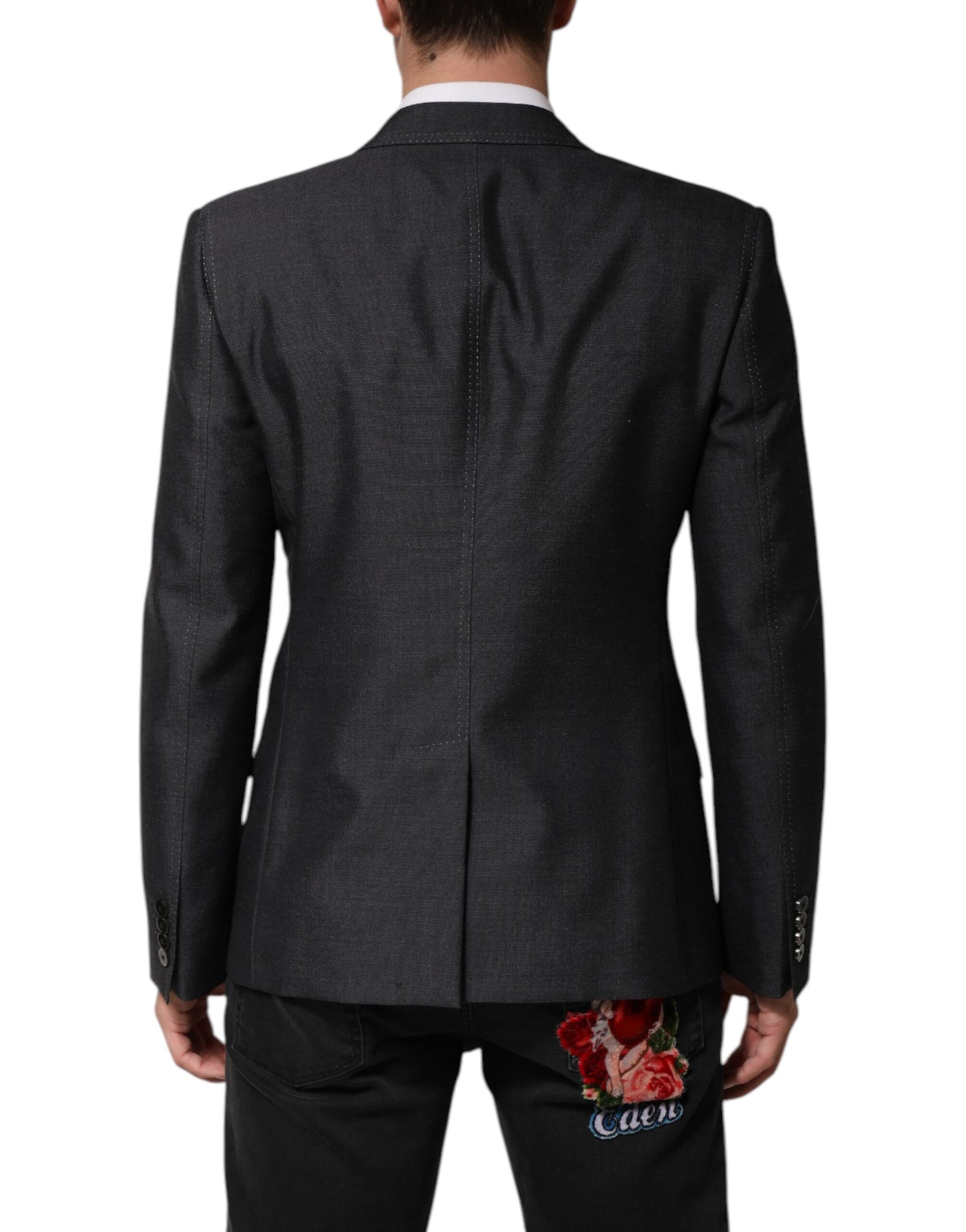 Dunkelgrauer Wollmantel-Blazer mit Bienenstickerei