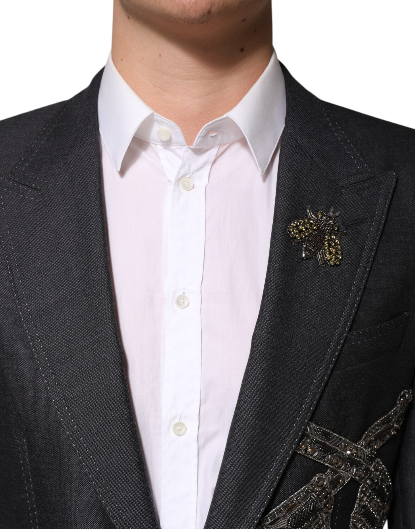 Dunkelgrauer Wollmantel-Blazer mit Bienenstickerei