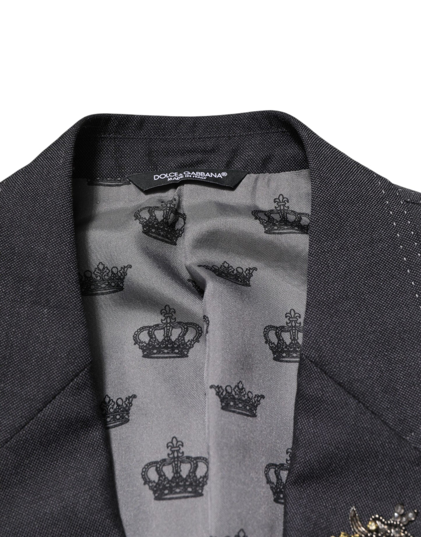 Dunkelgrauer Wollmantel-Blazer mit Bienenstickerei