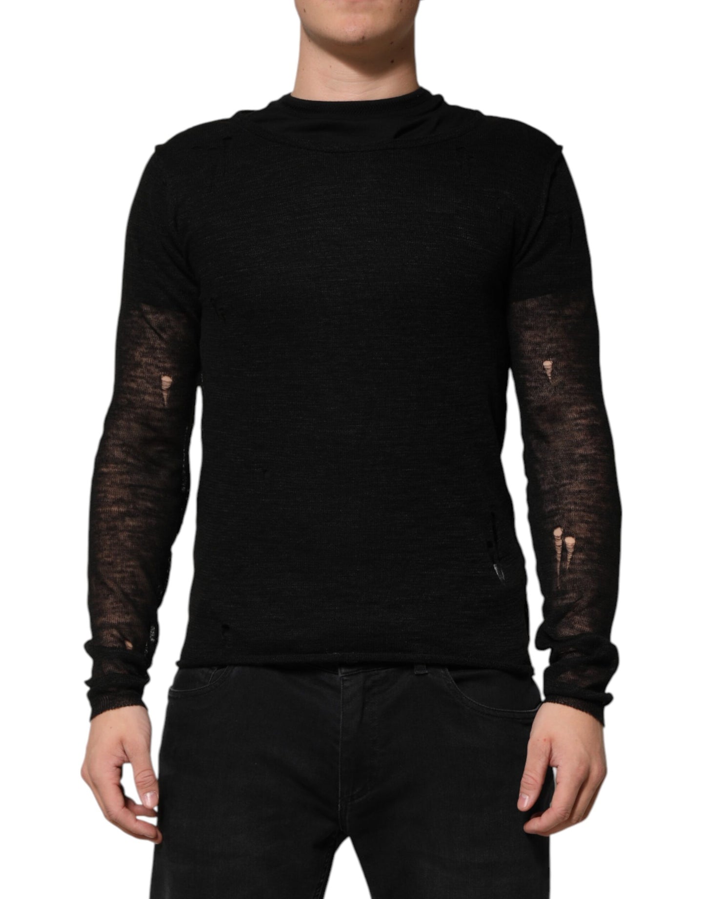 Schwarzes, zerfetztes Langarm-T-Shirt aus Leinennetz