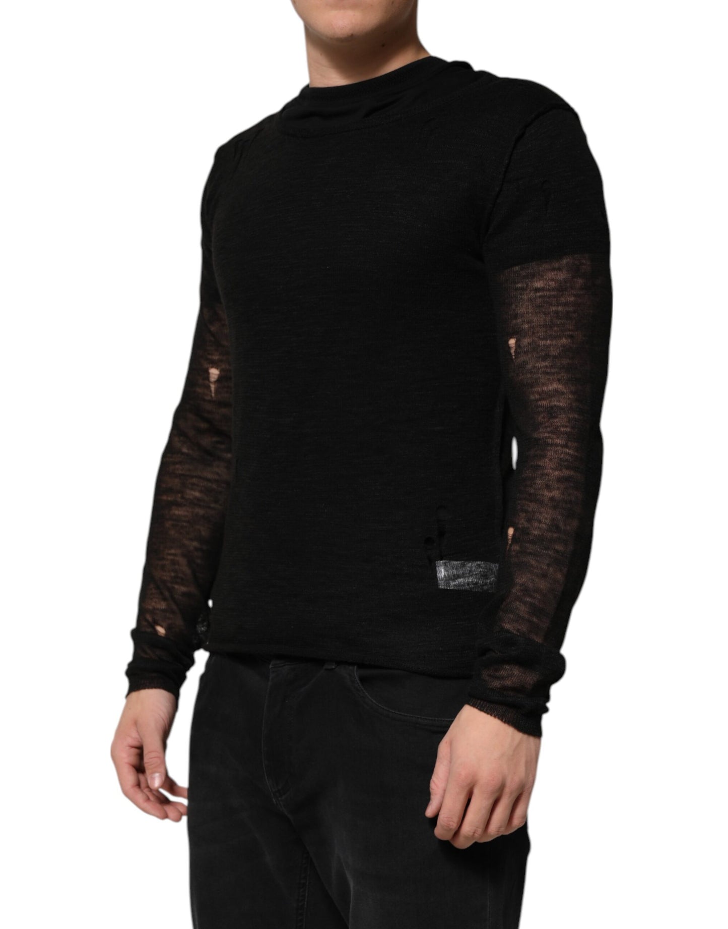 Schwarzes, zerfetztes Langarm-T-Shirt aus Leinennetz