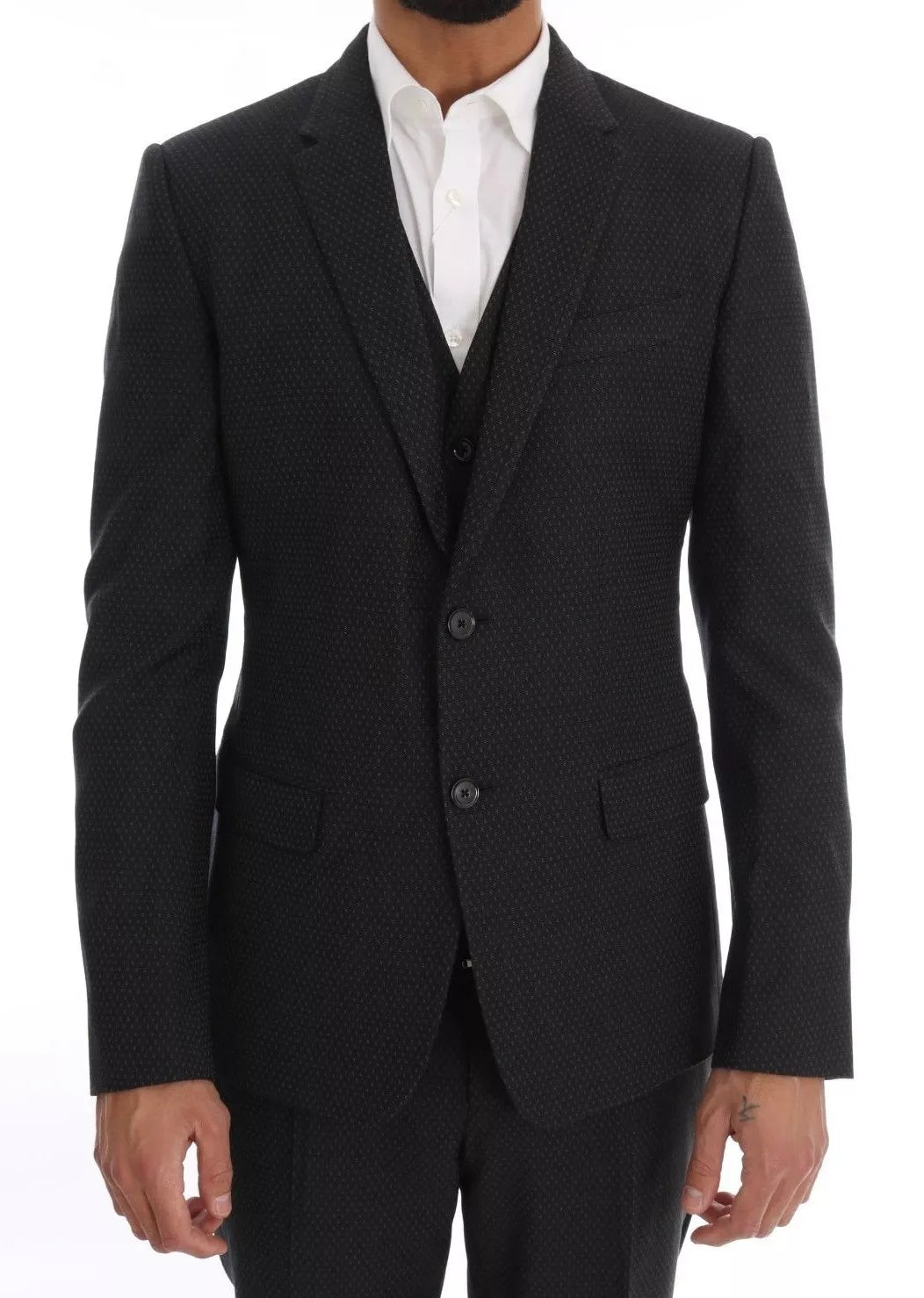 Grau gemusterter 3-teiliger Slim-Fit-Anzug aus Wolle