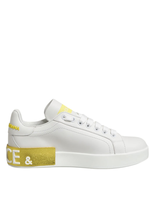 Weiß Gelb Leder Low Top Sneakers Schuhe